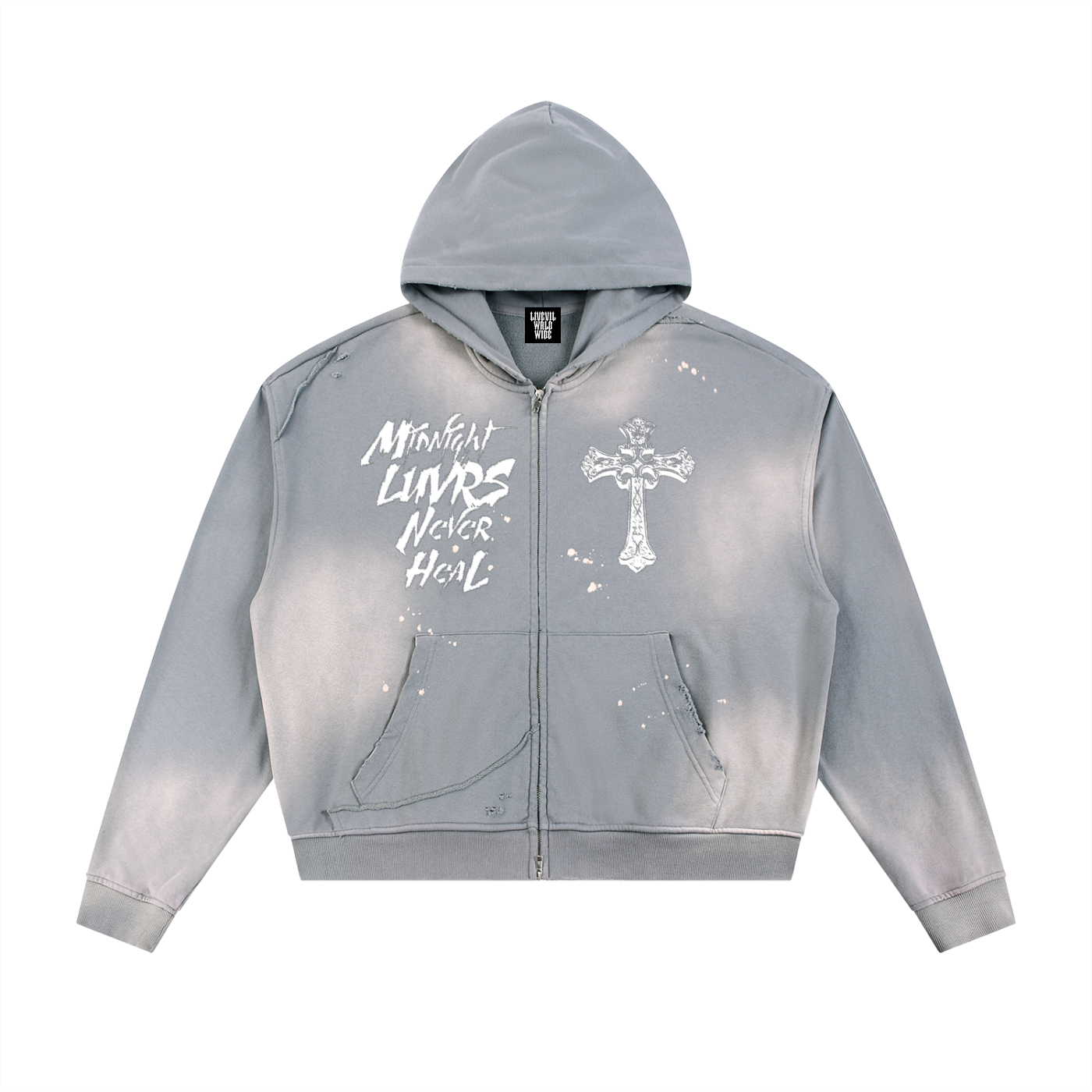 Midnight Luvrs “Grey” Sun Fade Frayed Raw Edge Zip Hoodie