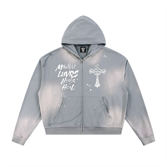 Midnight Luvrs “Grey” Sun Fade Frayed Raw Edge Zip Hoodie