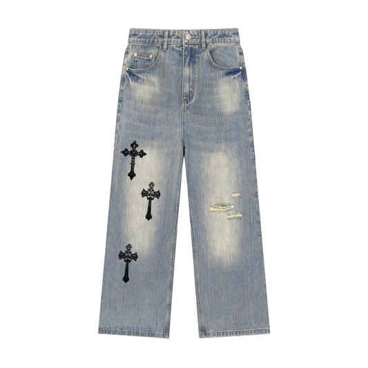 LIVEVILWRLDWIDE “Kross” Vintage Wash Distressed Denim Jeans