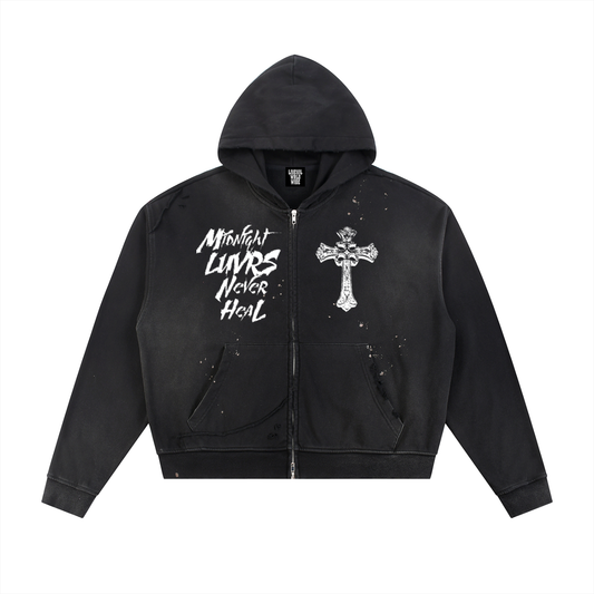 Midnight Luvrs “Black” Sun Fade Frayed Raw Edge Zip Hoodie