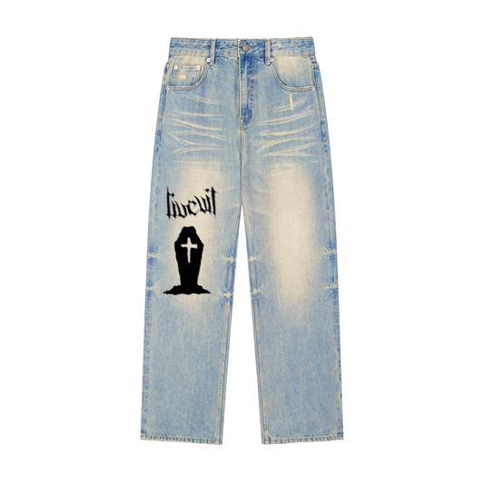 LIVEVILWRLD “Kasket” Sun Fade Raw Hem Denim Jeans