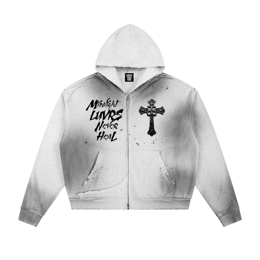 Midnight Luvrs “White” Sun Fade Frayed Raw Edge Zip Hoodie
